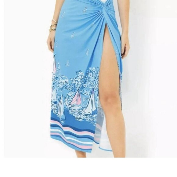 Lilly Pulitzer Leevy Coverup Skirt Blue Sailboat Print Sarong Large - Picture 2 of 4